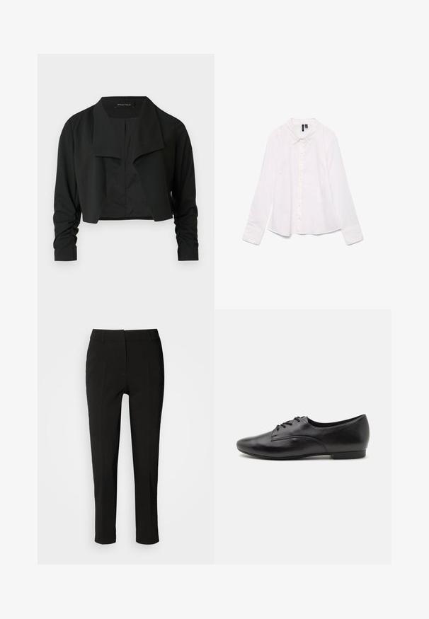 Chaqueta negra corta con cuello dividido y mangas largas fruncidas. Hecha de un tejido liso, con un diseño sencillo y limpio.; Camisa blanca de manga larga hecha de algodón, con un cuello clásico, cierre de botones al frente y un corte ligeramente relajado. Textura suave sin patrones.; Pantalones negros ajustados de corte slim, con frente plano y sin bolsillos visibles, que presentan una textura suave y un acabado limpio en el dobladillo.; Zapatos de cuero negro con cordones, de textura suave, punta redonda, tacón bajo y diseño simple. Vista lateral que enfatiza la forma elegante y las costuras.
