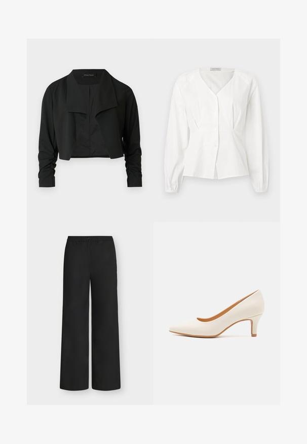 Sort cropped jakke med delt krave og rynkede lange ærmer. Fremstillet af et glat stof med et enkelt, rent design.; Hvid langærmet bluse med V-hals, knaplukning foran, figursyet talje og elastiske manchetter, vist på en ensfarvet baggrund.; Sorte bukser med vide ben, elastisk talje og knaplukning foran, vist på ensartet lys baggrund.; Hvid læder højhælet sko med spids tå og en slank, let skrå hæl. Glat tekstur med et minimalistisk design og tan sål.