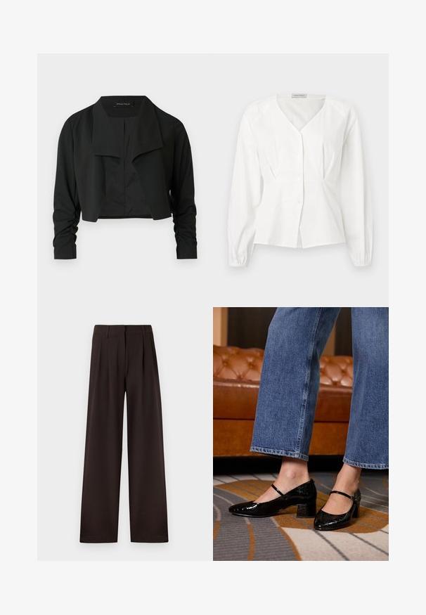 Veste noire courte avec un col fendu et des manches longues froncées. Réalisée dans un tissu lisse, présentant un design simple et épuré.; Blouse blanche à manches longues avec col en V, boutonnée à l'avant, taille cintrée et poignets élastiques, présentée sur un fond uni.; Pantalon marron foncé à jambes larges avec plis et passants pour ceinture, doté d'une fermeture éclair avant et d'un ourlet net sur un fond uni.; Des escarpins en cuir verni noir avec un bout pointu, un talon bloc et une bride à la cheville, portés avec un jean en denim à jambes larges, sur un tapis à motifs.