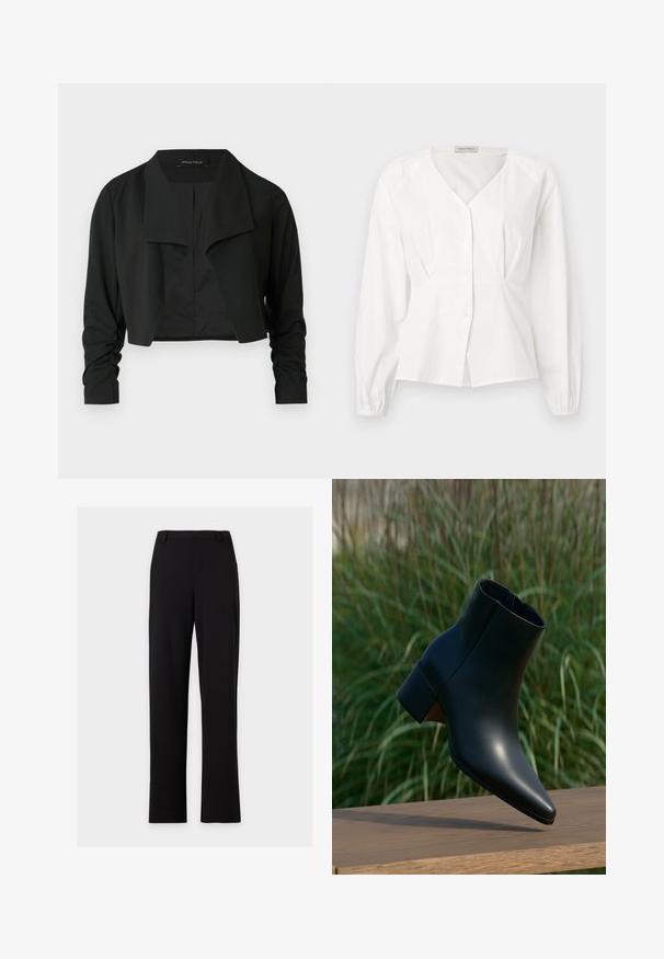 Chaqueta negra corta con cuello dividido y mangas largas fruncidas. Hecha de un tejido liso, con un diseño sencillo y limpio.; Blusa blanca de manga larga con escote en V, botones delanteros, cintura ajustada y puños elásticos, exhibida sobre un fondo liso.; Pantalones de vestir negros de corte recto con trabillas para cinturón y sin bolsillos visibles, mostrados sobre un fondo gris claro sencillo.; Botín negro de cuero con tacón bloque, punta puntiaguda, exhibido sobre superficie de madera con fondo borroso de césped verde.