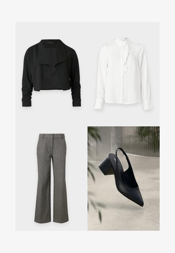 Chaqueta negra corta con cuello dividido y mangas largas fruncidas. Hecha de un tejido liso, con un diseño sencillo y limpio.; Blusa blanca con un cuello alto con volantes, botones delanteros y mangas largas con puños con volantes. Tejido liso y ligero con un corte relajado.; Pantalones de pierna ancha a rayas en blanco y negro. Hechos de una tela ligera con una textura suave. Presentan una cintura y bolsillos frontales.; Zapato de tacón slingback de cuero negro con punta afilada y tacón cuadrado. Textura suave, diseño minimalista y correa ajustable en el tobillo.