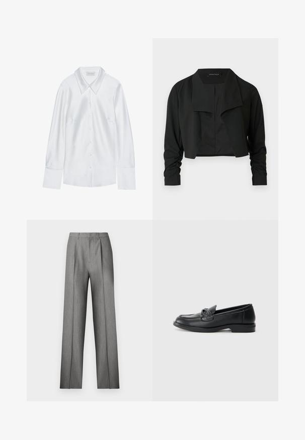 Veste noire courte avec un col fendu et des manches longues froncées. Réalisée dans un tissu lisse, présentant un design simple et épuré.; Chemise blanche à manches longues avec un col classique, dotée d'une fermeture à boutons sur le devant et d'une texture lisse, fabriquée en tissu léger avec un éclat subtil.; Pantalon gris sur mesure avec un devant plissé, une coupe droite et une texture subtile. Il présente une taille avec passants pour ceinture et aucune poche visible.; Mocassins en cuir noir avec un bout arrondi, un design cousu et un accent en nœud sur la tige. Talon bas et texture lisse.