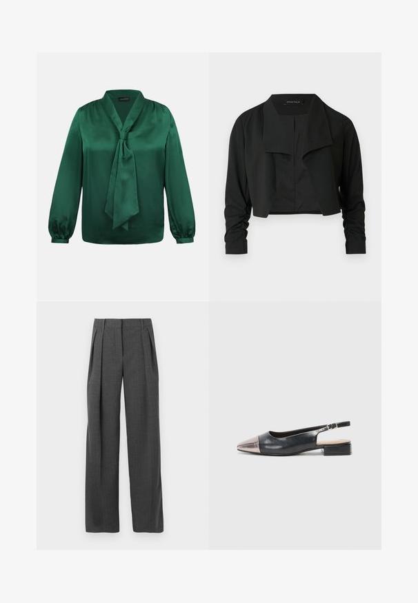Veste noire courte avec un col fendu et des manches longues froncées. Réalisée dans un tissu lisse, présentant un design simple et épuré.; Blouse en satin vert émeraude à manches longues avec un nœud noué au col, présentant de légers fronces aux épaules et aux poignets.; Pantalons gris ajustés avec une coupe large, un devant plissé et un tissu texturé, présentant une finition soignée et sans matériel visible.; Des chaussures slingback avec une tige en cuir noir, un bout pointu en métal rose doré et un petit talon carré. Texture lisse avec un design courbé.