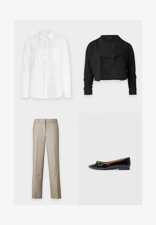 Veste noire courte avec un col fendu et des manches longues froncées. Réalisée dans un tissu lisse, présentant un design simple et épuré.; Chemise blanche à manches longues en coton, dotée d'un col pointu, d'une fermeture intégrale à boutons, et d'une poche poitrine gauche. Texture lisse.; Pantalon beige à fines rayures avec une coupe droite, doté d'une ceinture structurée et d'une texture subtile sur l'ensemble du tissu.; Ballerines en cuir verni noir avec un bout pointu, un petit nœud à l'avant et un petit talon carré. Texture lisse et brillante.
