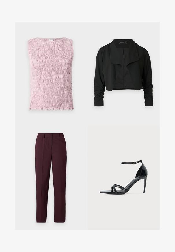 Veste noire courte avec un col fendu et des manches longues froncées. Réalisée dans un tissu lisse, présentant un design simple et épuré.; Haut sans manches rose clair avec texture de tissu froncé et fripé, au col rond.; Pantalon droit bordeaux avec une texture lisse, présentant un devant plat et sans poches visibles. Coupe ajustée avec une coupe classique.; Sandale à talon haut en cuir verni noir avec fine bride à la cheville, bout ouvert et design minimaliste sur fond clair uni.
