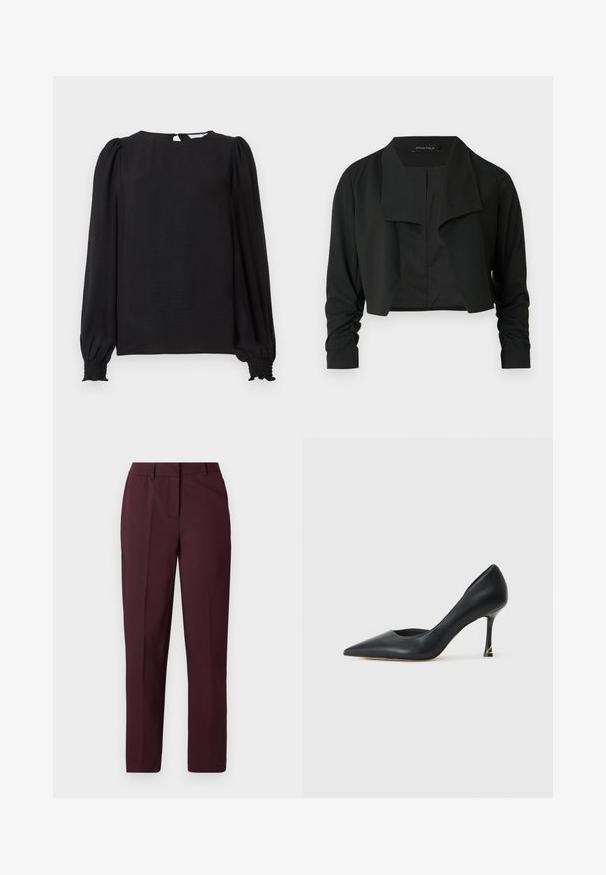 Sort cropped jakke med delt krave og rynkede lange ærmer. Fremstillet af et glat stof med et enkelt, rent design.; Sort bluse med lange, puffede ærmer. Har en rund halsudskæring, åbning i nakken og elastiske manchetter for et tætsiddende look. Glat tekstur.; Burgunderrøde bukser med lige ben og en glat tekstur, der har en flad front og ingen synlige lommer. Skræddersyet design med en klassisk pasform.; Sort læder pumps med spidse tæer og et elegant design, der har en slank hæl og en gylden detalje ved hælbasen. Glat tekstur.