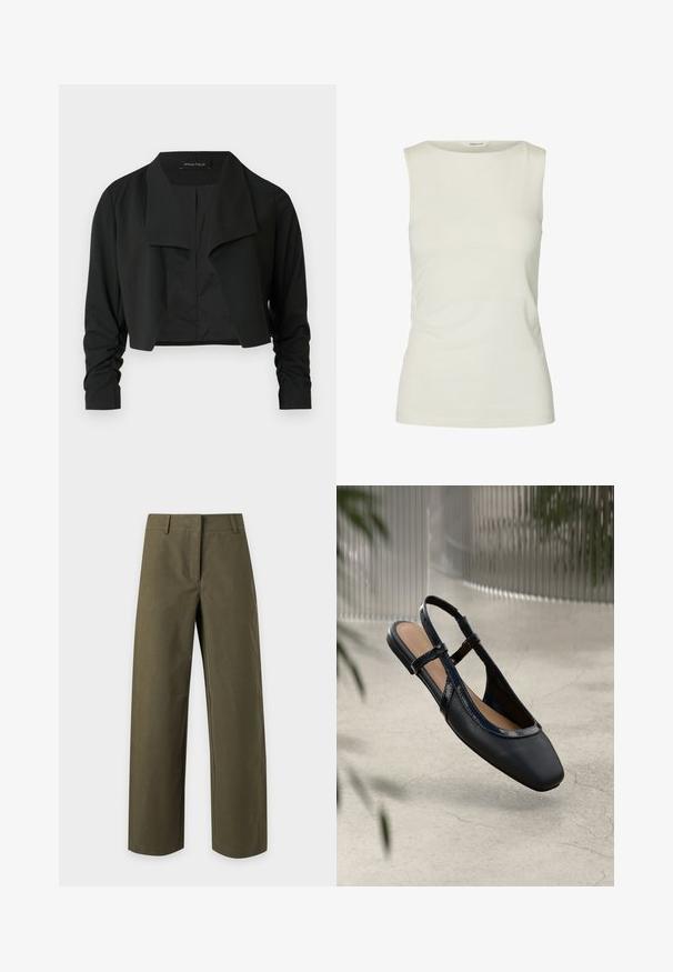 Sort cropped jakke med delt krave og rynkede lange ærmer. Fremstillet af et glat stof med et enkelt, rent design.; Ærmeløs, ensfarvet hvid tanktop med rund halsudskæring, lavet af glat stof, vist på hvid baggrund.; Oliven grønne bukser med lige ben, bæltestropper og skjult frontlukning, vist på en ensartet lys baggrund.; Sorte læder slingback flade sko med firkantet tå, prydet med en blank patenteret kant og justerbare remme for en sikker pasform.