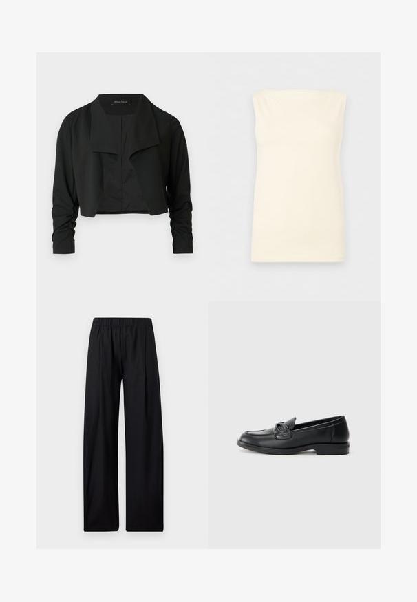 Sort cropped jakke med delt krave og rynkede lange ærmer. Fremstillet af et glat stof med et enkelt, rent design.; Ærmeløs, cremefarvet, tætsiddende top med en lige udskæring og glat tekstur mod en neutral baggrund.; Sorte bukser med vide ben, elastisk talje, lige snit og uden synlige lommer eller mønstre, vist på en ensfarvet hvid baggrund.; Sorte læder loafers med rund tå, en syet design og en sløjfeaccent på overlappen. Lav blokhæl og glat tekstur.