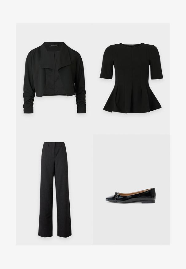 Sort cropped jakke med delt krave og rynkede lange ærmer. Fremstillet af et glat stof med et enkelt, rent design.; Sort peplum top med korte ærmer og rund udskæring samt lodrette sømdetaljer, vist på en hvid baggrund.; Kvinders sorte højtaljede bukser med vidde i benene, skjult lukning foran og bæltestropper.; Sorte patenterede læderballetsko med spidse tæer, lille sløjfedetail foran og en lav, firkantet hæl. Glat, skinnende tekstur.
