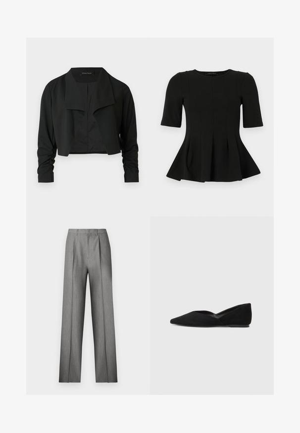 Sort cropped jakke med delt krave og rynkede lange ærmer. Fremstillet af et glat stof med et enkelt, rent design.; Sort peplum top med korte ærmer og rund udskæring samt lodrette sømdetaljer, vist på en hvid baggrund.; Grå skræddersyede bukser med et plisseret frontpanel, lige ben og en subtil tekstur. Har en linning med bæltestropper og ingen synlige lommer.; Sorte ruskinds flade sko med spids tå og v-formet udskæring i siderne. Har en glat tekstur og en lavprofil sål.