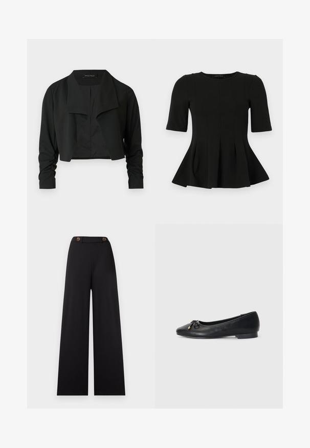 Sort cropped jakke med delt krave og rynkede lange ærmer. Fremstillet af et glat stof med et enkelt, rent design.; Sort peplum top med korte ærmer og rund udskæring samt lodrette sømdetaljer, vist på en hvid baggrund.; Sorte bukser med vide ben og høj talje, der har to brune knapper og et glat, tekstureret stof. Ingen mønstre eller yderligere accenter.; Sort læder balletflade med spids tå, med en lille sløjfedetail og gyldne accenter, samt en lav, rund hæl.