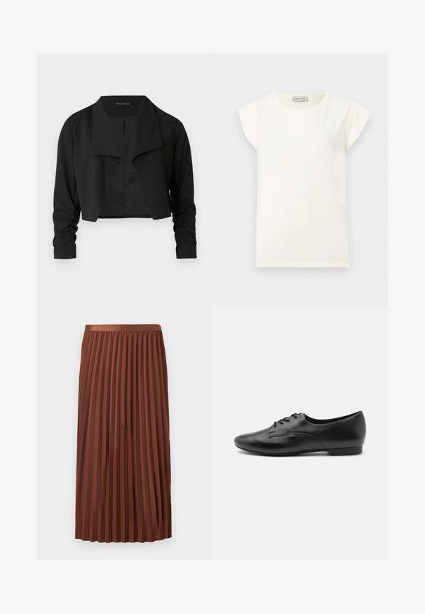 Sort cropped jakke med delt krave og rynkede lange ærmer. Fremstillet af et glat stof med et enkelt, rent design.; Hvid t-shirt med korte ærmer, rund hals og løs pasform. Lavet af blødt stof med en glat tekstur og minimalistisk design.; Brun midilængde plisseret nederdel med elastisk linning, hængende fladt mod en hvid baggrund.; Sorte lædersko med snørebånd, glat overflade, rund tå, lav hæl og enkelt design. Sidebillede der fremhæver den slanke form og syninger.