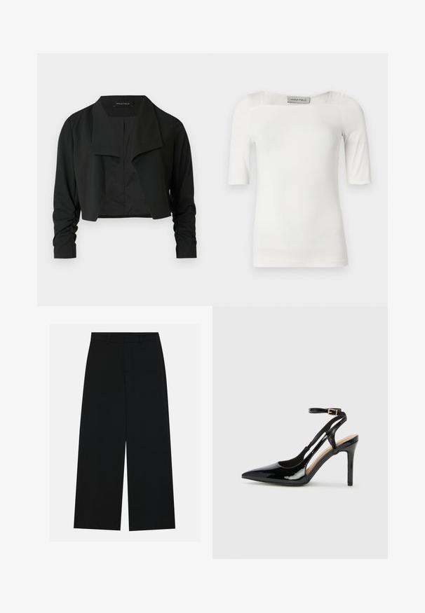 Sort cropped jakke med delt krave og rynkede lange ærmer. Fremstillet af et glat stof med et enkelt, rent design.; Hvid top med korte ærmer og firkantet udskæring, lavet af et glat stof med subtile sømdetaljer på skuldrene og siderne.; Breddebenede sorte bukser lavet af et glat stof. Har en flad talje med bæltestropper og ingen synlige lommer. Simpelt design.; Sorte laklæder højhælede slingback-sko med spids tå, justerbar ankelrem og åben sider. Glat tekstur.