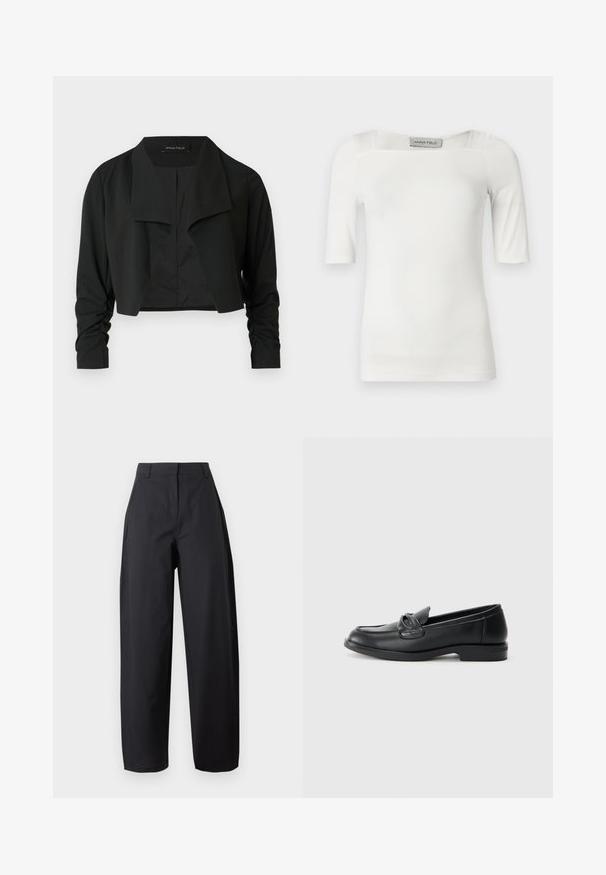 Sort cropped jakke med delt krave og rynkede lange ærmer. Fremstillet af et glat stof med et enkelt, rent design.; Hvid top med korte ærmer og firkantet udskæring, lavet af et glat stof med subtile sømdetaljer på skuldrene og siderne.; Sort, højtaljede bukser med vide ben, frontlommer og bæltestropper, vist mod en ensfarvet lys baggrund.; Sorte læder loafers med rund tå, en syet design og en sløjfeaccent på overlappen. Lav blokhæl og glat tekstur.