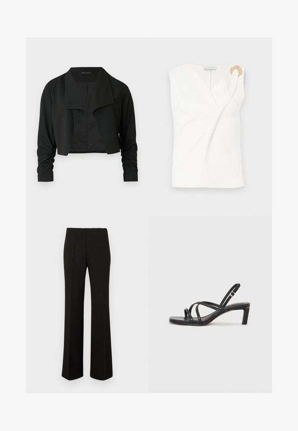 Zwarte cropvest met een gespleten kraag en gerimpelde lange mouwen. Gemaakt van een gladde stof, met een eenvoudig, strak ontwerp.; Mouwloze witte blouse met een wikkelontwerp, voorzien van een decoratieve ring in goudkleur op de rechter schouder.; Zwarte op maat gemaakte rechte broek met een hoge taille en voor plooien, weergegeven tegen een effen achtergrond.; Zwarte sandaal met bandjes, vierkante teen en een lage blokhak. Voorzien van meerdere dunne bandjes en een verstelbare enkelband. Gemaakt van zacht leer.