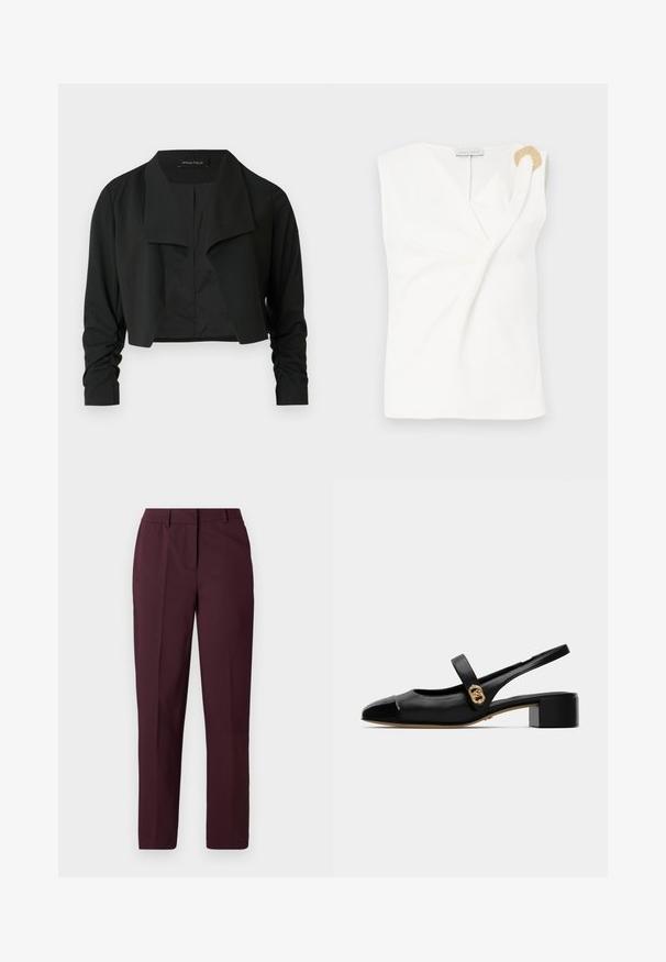 Zwarte cropvest met een gespleten kraag en gerimpelde lange mouwen. Gemaakt van een gladde stof, met een eenvoudig, strak ontwerp.; Mouwloze witte blouse met een wikkelontwerp, voorzien van een decoratieve ring in goudkleur op de rechter schouder.; Bordeauxrode rechte broek met een gladde textuur, voorzien van een vlakke voorkant en zonder zichtbare zakken. Op maat gemaakt ontwerp met een klassieke pasvorm.; Zwarte leren slingback schoen met een ronde neus, met een glanzende voorkant en een gouden accent op de band, bevestigd met een kleine blokhak.