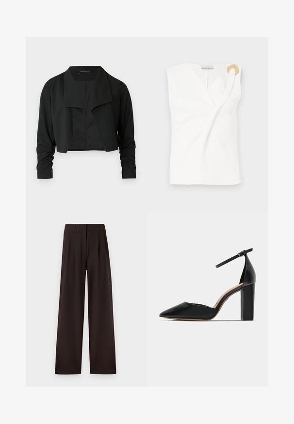 Veste noire courte avec un col fendu et des manches longues froncées. Réalisée dans un tissu lisse, présentant un design simple et épuré.; Blouse sans manches blanche avec un design croisé, présentant un détail décoratif en forme d'anneau doré sur l'épaule droite.; Pantalon marron foncé à jambes larges avec plis et passants pour ceinture, doté d'une fermeture éclair avant et d'un ourlet net sur un fond uni.; Chaussure à talons hauts en cuir noir avec une bride de cheville, bout pointu et un talon carré épais. Texture lisse avec un design minimaliste.