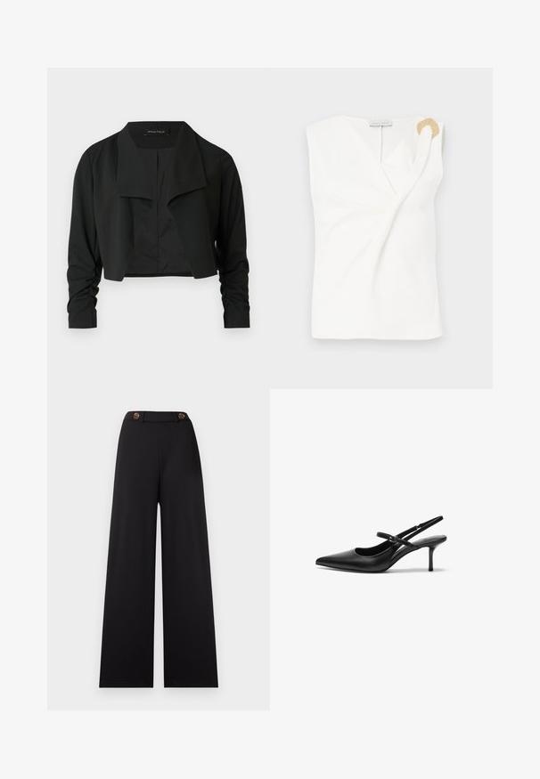 Zwarte cropvest met een gespleten kraag en gerimpelde lange mouwen. Gemaakt van een gladde stof, met een eenvoudig, strak ontwerp.; Mouwloze witte blouse met een wikkelontwerp, voorzien van een decoratieve ring in goudkleur op de rechter schouder.; Zwarte wijde broek met hoge taille, voorzien van twee bruine knopen en een gladde, gestructureerde stof. Geen patronen of extra accenten.; Zwarte leren slingback hakken met een puntige neus, slanke verstelbare band en een ongeveer 5 cm hoge stiletto hak, met een gladde textuur.
