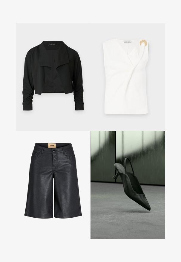 Chaqueta negra corta con cuello dividido y mangas largas fruncidas. Hecha de un tejido liso, con un diseño sencillo y limpio.; Blusa sin mangas blanca con un diseño envolvente, que presenta un detalle decorativo en forma de anillo en tono dorado en el hombro derecho.; Pantalones cortos hasta la rodilla de cuero sintético negro con botón frontal, trabillas para cinturón y etiqueta JJXX en la cintura interior.; Zapato de tacón alto con punta puntiaguda y talón destalonado de cuero negro flotando sobre un suelo alfombrado gris, fondo de pared verdosa borrosa.