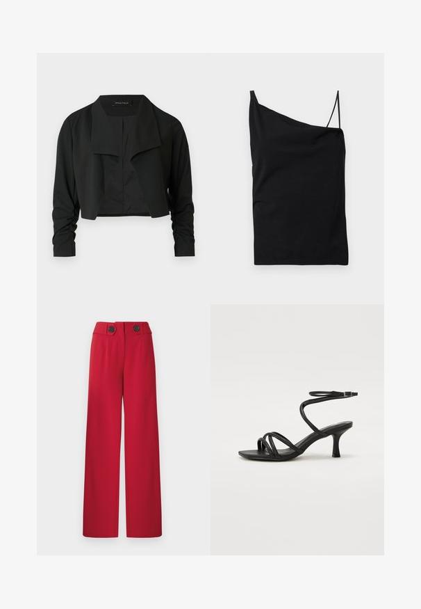 Veste noire courte avec un col fendu et des manches longues froncées. Réalisée dans un tissu lisse, présentant un design simple et épuré.; Haut camisole asymétrique noir avec une bretelle large et une fine, en tissu lisse, posé à plat sur un fond blanc.; Pantalon large rouge taille haute avec deux boutons noirs sur la ceinture, plis devant et ourlet droit.; Even&Odd Wide Fit by Zalando Sandales - black