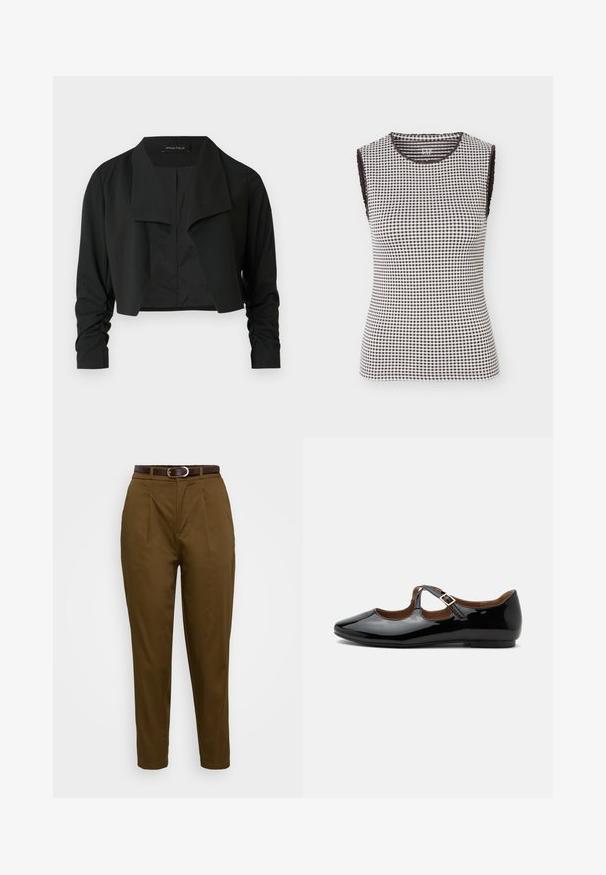 Veste noire courte avec un col fendu et des manches longues froncées. Réalisée dans un tissu lisse, présentant un design simple et épuré.; Haut sans manches à carreaux noir et blanc avec encolure ronde et bordure noire aux emmanchures et au col, présenté sur un fond uni.; Pantalons marron ajustés en tissu lisse, avec des plis avant et une ceinture en cuir marron avec une boucle en argent. Design effilé élégant.; Chaussure plate Mary Jane en cuir verni noir avec deux découpes et une bride à boucle dorée sur fond blanc.