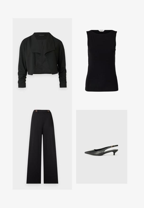 Veste noire courte avec un col fendu et des manches longues froncées. Réalisée dans un tissu lisse, présentant un design simple et épuré.; Haut noir sans manches, cintré, avec encolure ronde et étiquette de marque blanche à l'intérieur du col.; Pantalon noir à jambes larges avec une taille haute, doté de deux boutons marron et d'un tissu lisse et texturé. Sans motifs ni accents supplémentaires.; Chaussure slingback noire à bout pointu en cuir lisse. Présente un talon fin et un détail de boucle sur la sangle réglable.