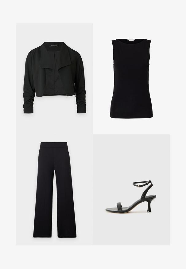 Veste noire courte avec un col fendu et des manches longues froncées. Réalisée dans un tissu lisse, présentant un design simple et épuré.; Haut noir sans manches, cintré, avec encolure ronde et étiquette de marque blanche à l'intérieur du col.; Pantalon noir à jambes larges avec une taille ajustée et un devant lisse, présenté sur un fond clair uni.; Sandale à talon en cuir noir avec une sangle de cheville, présentant un design élégant, un bout ouvert et un talon effilé pour une silhouette épurée.