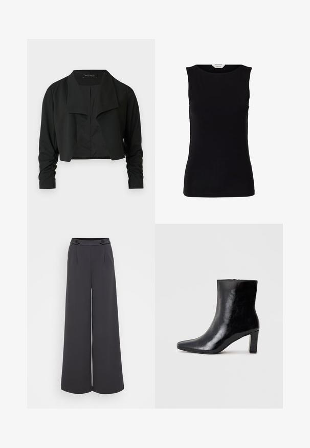 Sort cropped jakke med delt krave og rynkede lange ærmer. Fremstillet af et glat stof med et enkelt, rent design.; Sort ærmeløs tætsiddende top med rund halsudskæring og hvidt mærke med brand inde i kraven.; Bredbenede bukser i mørkegrå stof. Har læg foran og to dekorative knapper i taljen. Glat tekstur og skræddersyet pasform.; Sorte ankelstøvler lavet af blank læder, med spidse tæer og en mellemstor blokhæl, med en glat tekstur og et enkelt design.