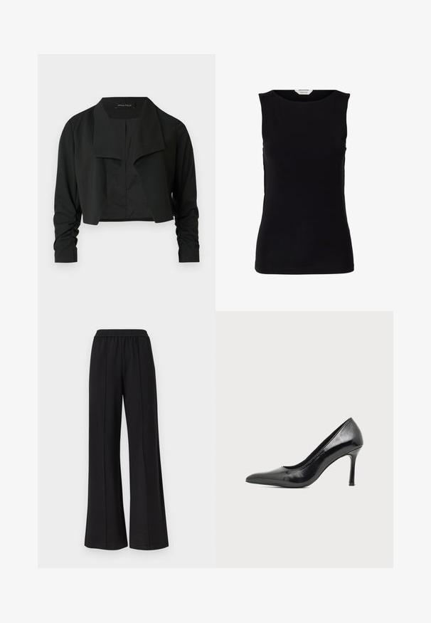 Veste noire courte avec un col fendu et des manches longues froncées. Réalisée dans un tissu lisse, présentant un design simple et épuré.; Haut noir sans manches, cintré, avec encolure ronde et étiquette de marque blanche à l'intérieur du col.; Pantalon noir à jambes larges avec taille élastique et détails de coutures verticales, présenté sur un fond blanc uni.; Chaussure à talon haut pour femme en cuir verni noir avec bout pointu et talon fin sur fond clair uni.