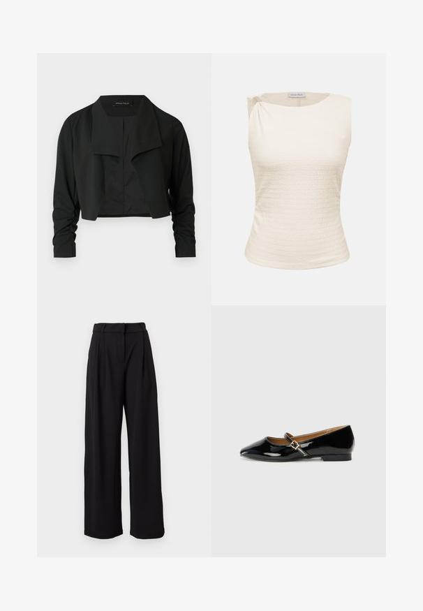 Veste noire courte avec un col fendu et des manches longues froncées. Réalisée dans un tissu lisse, présentant un design simple et épuré.; Haut sans manches crème à texture avec encolure ronde et détail plissé subtil sur l'épaule gauche, étiquette Anna Field.; Pantalon noir taille haute à jambes larges avec passants pour ceinture et fermeture éclair frontale, présenté sur un fond blanc.; Chaussure plate en cuir verni noir avec un bout pointu, une bride de cheville avec une boucle en tonalité dorée, et un petit talon carré. Fini lisse et brillant.