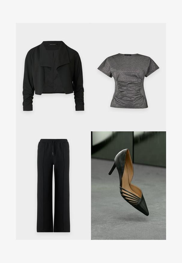 Veste noire courte avec un col fendu et des manches longues froncées. Réalisée dans un tissu lisse, présentant un design simple et épuré.; Haut à manches courtes en gris métallique scintillant, avec un col rond et des détails de fronces à la taille.; Pantalon de survêtement noir à jambes larges avec ceinture élastique et cordon de serrage. Confectionné en tissu doux, avec des coutures avant pour plus de détails.; Chaussure à talon haut noire avec un bout pointu, un extérieur texturé et des découpes distinctives sur les côtés, présentée sur un fond neutre.