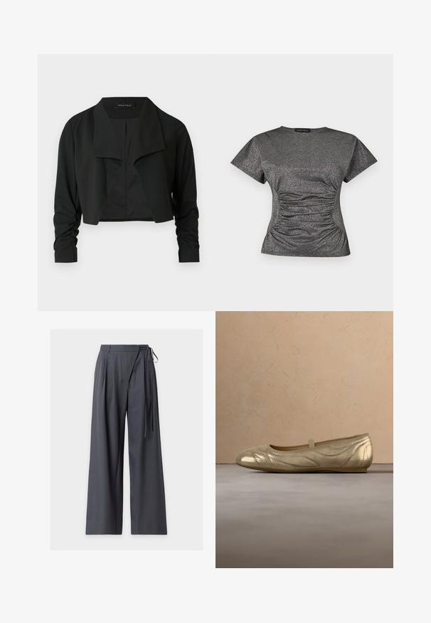 Veste noire courte avec un col fendu et des manches longues froncées. Réalisée dans un tissu lisse, présentant un design simple et épuré.; Haut à manches courtes en gris métallique scintillant, avec un col rond et des détails de fronces à la taille.; Pantalon gris foncé à larges jambes avec des plis et un détail noué sur le côté droit, fixé par une fine lanière à la taille.; Ballers dorées métalliques avec des coutures, une sangle élastique, un bout rond et une texture lisse, sur un fond gris texturé.