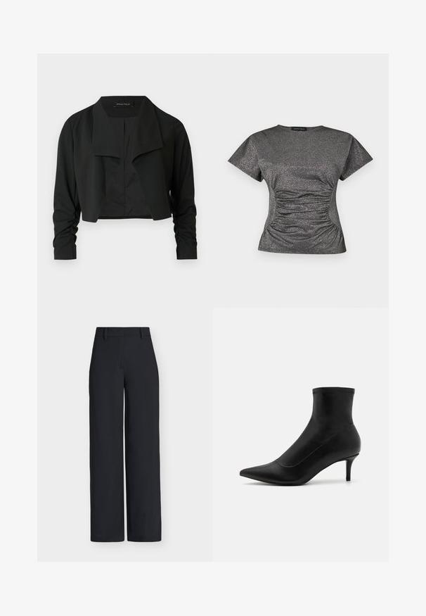 Sort cropped jakke med delt krave og rynkede lange ærmer. Fremstillet af et glat stof med et enkelt, rent design.; Kortærmet, mørkegrå metallic glitrende top med rund halsudskæring og samlede ruching-detaljer i taljen.; Sorte bukser med høj talje og vide ben, med bæltestropper og skjult forlukning foran.; Sorte ankelstøvler i glat læder med spids tå og en kort, tynd hæl. Har et sømløst design og subtile stikninger.