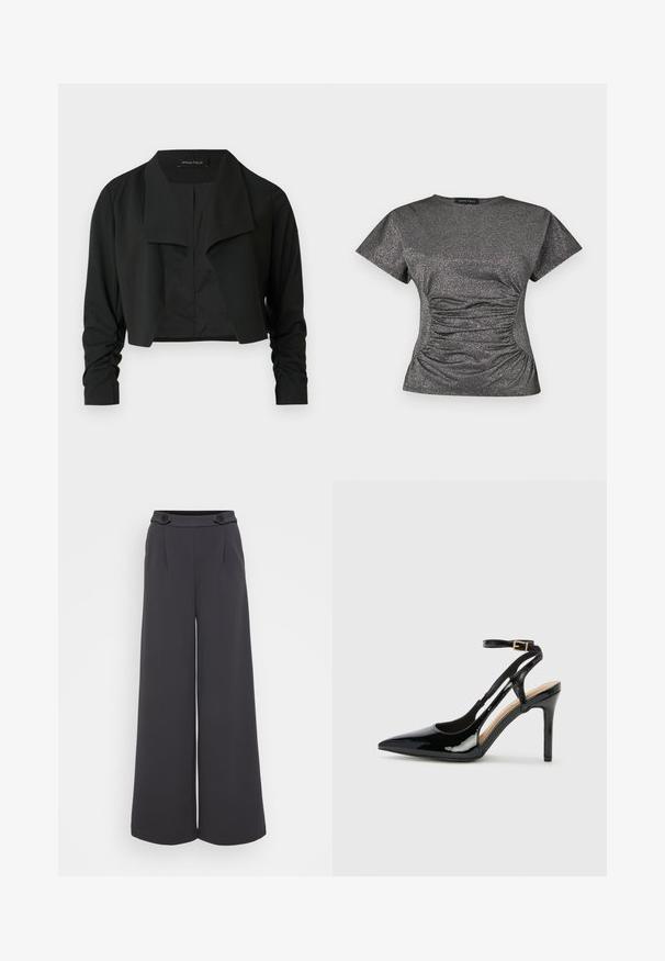 Chaqueta negra corta con cuello dividido y mangas largas fruncidas. Hecha de un tejido liso, con un diseño sencillo y limpio.; Top de manga corta en gris oscuro con brillo metálico, con un escote redondo y detalle de fruncido recogido en la cintura.; Pantalones de pierna ancha en tejido gris oscuro. Presenta pliegues en la parte frontal y dos botones decorativos en la cintura. Textura suave y forma entallada.; Zapato de charol negro de tacón alto, tipo slingback, con punta afilada, correa ajustable en el tobillo y lados abiertos. Textura lisa.