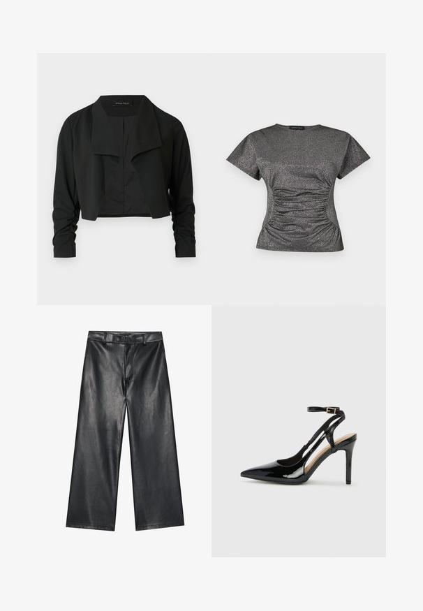Chaqueta negra corta con cuello dividido y mangas largas fruncidas. Hecha de un tejido liso, con un diseño sencillo y limpio.; Top de manga corta en gris oscuro con brillo metálico, con un escote redondo y detalle de fruncido recogido en la cintura.; Pantalones de cuero negro de pernera ancha con una textura suave, lazos para cinturón y cremallera frontal. Presenta un ajuste holgado y detalles de costura limpios.; Zapato de charol negro de tacón alto, tipo slingback, con punta afilada, correa ajustable en el tobillo y lados abiertos. Textura lisa.