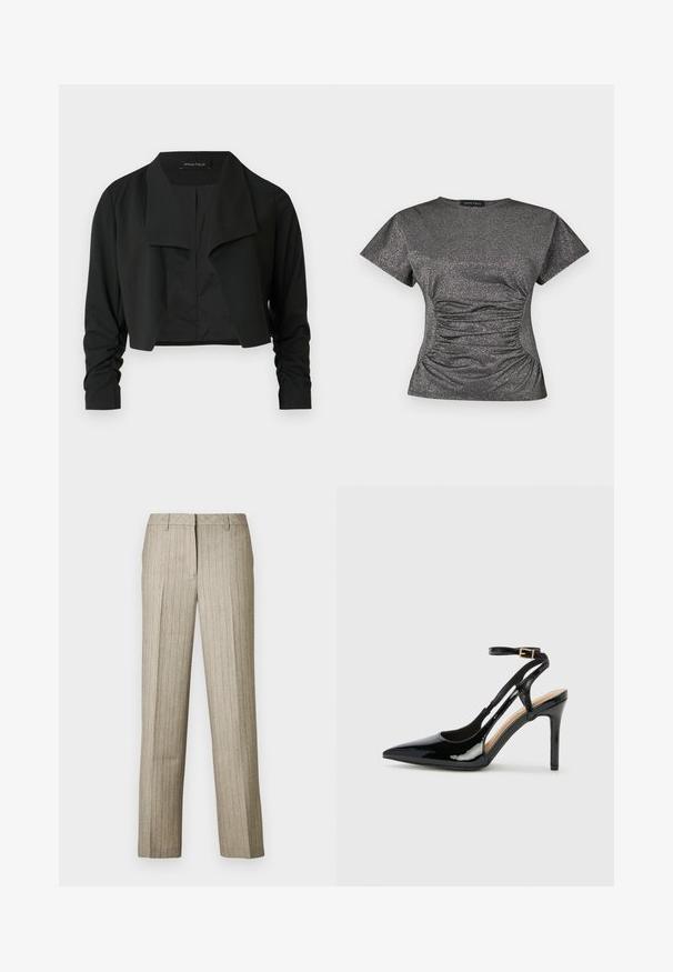 Veste noire courte avec un col fendu et des manches longues froncées. Réalisée dans un tissu lisse, présentant un design simple et épuré.; Haut à manches courtes en gris métallique scintillant, avec un col rond et des détails de fronces à la taille.; Pantalon beige à fines rayures avec une coupe droite, doté d'une ceinture structurée et d'une texture subtile sur l'ensemble du tissu.; Escarpin en cuir verni noir à talon haut, avec un bout pointu, une bride réglable à la cheville et des côtés ouverts. Texture lisse.