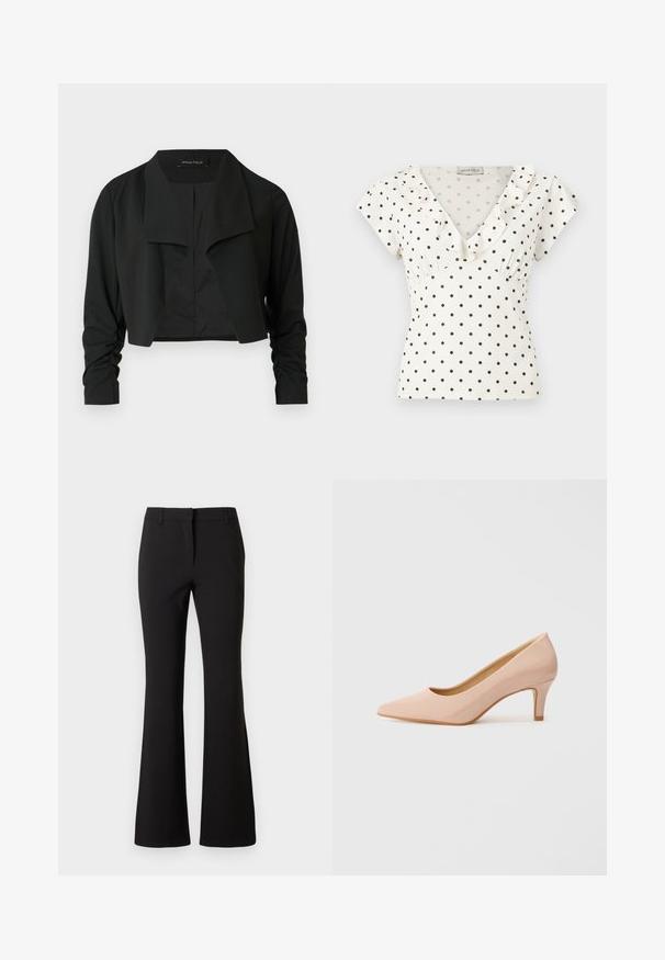 Zwarte cropvest met een gespleten kraag en gerimpelde lange mouwen. Gemaakt van een gladde stof, met een eenvoudig, strak ontwerp.; Witte blouse met korte mouwen, zwarte polka dots, V-hals en ruches langs de kraag.; Zwarte wijde broek van gladde stof, met een voorplooi, riemlussen en een getailleerde pasvorm. Eenvoudig ontwerp zonder zichtbare patronen.; Puntige, gepatenteerde roze hoge hak met een lage hak, met een gladde, glanzende afwerking en een subtiele open V-vormige snit aan de voorkant.
