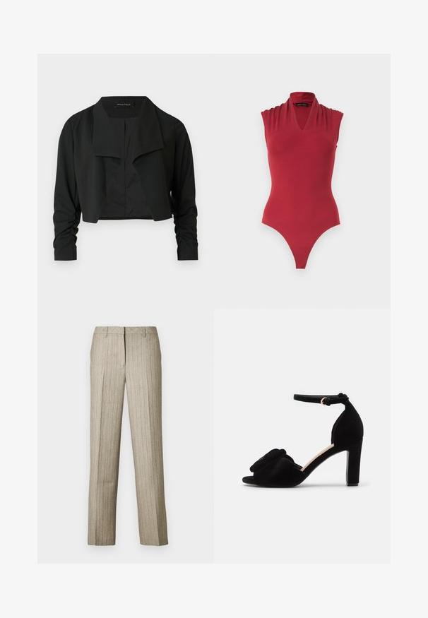 Zwarte cropvest met een gespleten kraag en gerimpelde lange mouwen. Gemaakt van een gladde stof, met een eenvoudig, strak ontwerp.; Rode mouwloze bodysuit met een V-hals en geplooide schouderdetails, ontworpen voor een aansluitende pasvorm.; Beige pantalon met krijtstrepen en een rechte pijp, voorzien van een gestructureerde tailleband en een subtiele textuur in de stof.; Zwarte suede slingbacks met hoge hakken en open teen, met een decoratieve knoopaccent aan de voorkant en een enkelbandje met een gouden gesp.