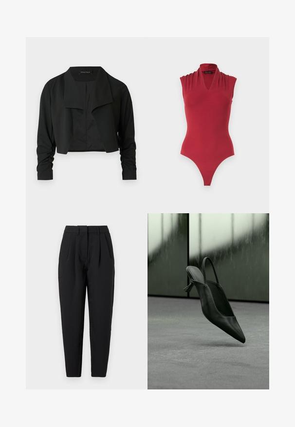 Schwarze, verkürzte Jacke mit einem geteilten Kragen und gerafften langen Ärmeln. Hergestellt aus einem glatten Stoff, mit einfachem, sauberem Design.; Ärmelloser roter Body mit V-Ausschnitt und gerafften Schultern, entworfen für eine figurbetonte Silhouette.; Schwarze Hose mit geradem Schnitt, die auf der Vorderseite Falten hat, eine glatte Textur und seitliche Taschen bietet. Der Bund hat eine Standardhöhe.; Schwarzer Slingback-Highheel aus Leder mit spitzer Schuhspitze, schwebt über grauem Teppichboden, unscharfer grünlicher Wandhintergrund.