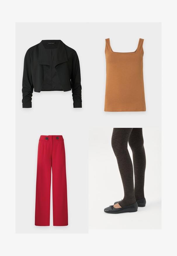 Veste noire courte avec un col fendu et des manches longues froncées. Réalisée dans un tissu lisse, présentant un design simple et épuré.; Débardeur marron sans manches avec un col carré. Confectionné dans un tissu doux et extensible, doté de coutures nettes et d'une texture uniforme.; Pantalon large rouge taille haute avec deux boutons noirs sur la ceinture, plis devant et ourlet droit.; Jambes portant des leggings côtelés foncés associés à des ballerines noires avec de petits détails en nœud sur fond blanc.