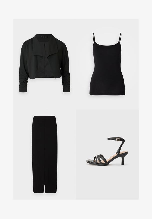 Sort cropped jakke med delt krave og rynkede lange ærmer. Fremstillet af et glat stof med et enkelt, rent design.; Sort camisole-top med tynde justerbare stropper, glat elastisk stof og en tæt silhuet. Ingen mønstre eller pynt.; Sort blyantskørt lavet af glat stof, med høj talje, to frontfoldninger og en slids i kanten for bedre bevægelsesfrihed.; Sorte høje hæle sandaler med flere tynde stropper over tæerne, en enkelt ankelstrop med en gylden spænde og en firkantet tå.
