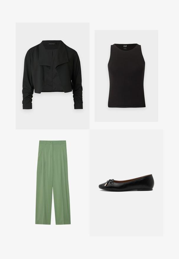 Chaqueta negra corta con cuello dividido y mangas largas fruncidas. Hecha de un tejido liso, con un diseño sencillo y limpio.; Camiseta ajustada sin mangas negra con escote redondo, talla pequeña, exhibida sobre un fondo claro.; Pantalones de pierna ancha verdes hechos de tela suave. Presentan pliegues en el frente, un cierre de botón único y pasadores para cinturón.; Zapato bailarín plano de cuero negro con punta redondeada, pequeño lazo con extremos dorados y un tacón bajo y plano sobre fondo gris.