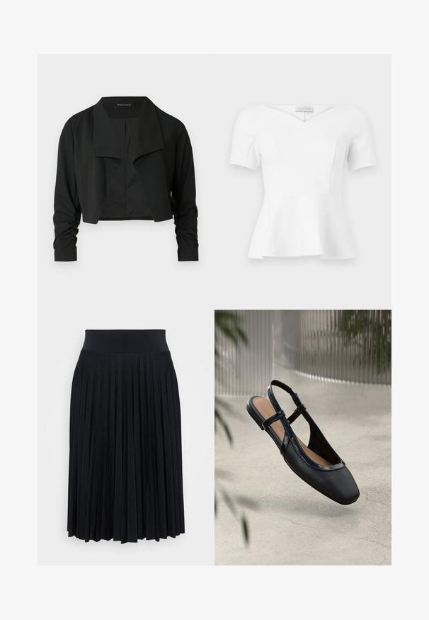 Veste noire courte avec un col fendu et des manches longues froncées. Réalisée dans un tissu lisse, présentant un design simple et épuré.; Haut blanc à manches courtes avec basque, encolure en cœur et taille cintrée, étiquette "Anna Field" visible à l'intérieur du col.; Jupe plissée noire avec une large taille, fabriquée à partir d'un matériau doux. Présente des plis verticaux pour une texture et un mouvement supplémentaires.; Chaussure plate slingback en cuir noir avec un orteil carré, dotée d'un fini verni brillant et de sangles ajustables pour un maintien sécurisé.