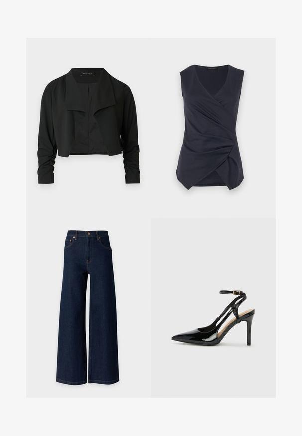 Veste noire courte avec un col fendu et des manches longues froncées. Réalisée dans un tissu lisse, présentant un design simple et épuré.; Haut sans manches de couleur bleu marine foncé, de style enveloppant, avec un col en V et un détail drapé froncé au bas devant, étiqueté Anna Field.; Jean en denim bleu foncé à jambes larges avec cinq poches et détails de rivets en cuivre sur un fond clair uni.; Escarpin en cuir verni noir à talon haut, avec un bout pointu, une bride réglable à la cheville et des côtés ouverts. Texture lisse.