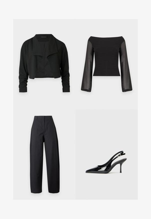 Schwarze, verkürzte Jacke mit einem geteilten Kragen und gerafften langen Ärmeln. Hergestellt aus einem glatten Stoff, mit einfachem, sauberem Design.; Schwarzes schulterfreies Oberteil mit figurnahem Oberteil und transparenten, langen Trompetenärmeln, dargestellt vor einem schlichten weißen Hintergrund.; Schwarze, hochtaillierte, weit geschnittene Hose mit Vorderentaschen und Gürtelschlaufen, auf hellem, einfarbigem Hintergrund präsentiert.; Schwarze Lackleder Slingback-Pumps mit einer spitzen Zehe und schlankem Absatz. Mit einem verstellbaren Schnallenriemen hinten. Glatte Textur.