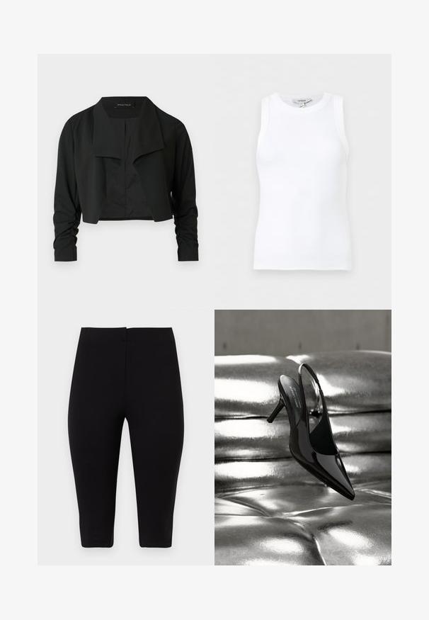 Veste noire courte avec un col fendu et des manches longues froncées. Réalisée dans un tissu lisse, présentant un design simple et épuré.; Débardeur blanc côtelé sans manches avec encolure ronde, coupe ajustée et petite étiquette de marque à l’intérieur du col.; Leggings courts noirs, taille haute, ajustés, avec une taille lisse, fabriqués en tissu extensible, présentés sur un fond blanc.; Chaussure à talon haut à bride arrière en cuir verni noir, positionnée sur un coussin en cuir métallisé argenté brillant.