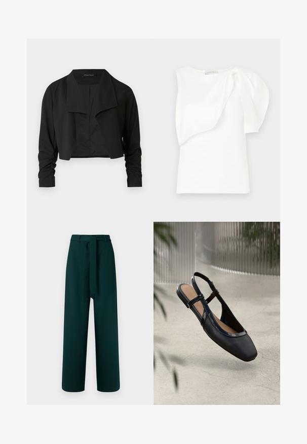 Sort cropped jakke med delt krave og rynkede lange ærmer. Fremstillet af et glat stof med et enkelt, rent design.; Hvid ærmeløs top med asymmetrisk lagdelt stofdetalje og rynket puf på den ene skulder, liggende fladt på hvid baggrund.; Grønne bukser med vidt ben, bæltestropper, et bundet stofbælte og en glat tekstur; har høj talje og uden synligt mønster.; Sorte læder slingback flade sko med firkantet tå, prydet med en blank patenteret kant og justerbare remme for en sikker pasform.