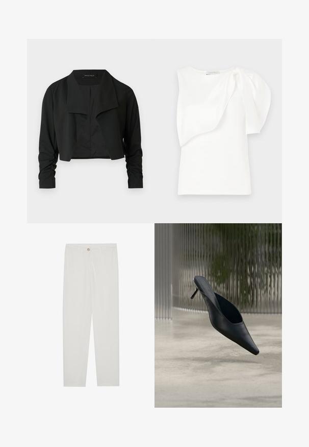 Veste noire courte avec un col fendu et des manches longues froncées. Réalisée dans un tissu lisse, présentant un design simple et épuré.; Haut sans manches blanc avec détail de tissu superposé asymétrique et manches bouffantes froncées sur une épaule, présenté à plat sur un fond blanc.; Pantalon blanc sur mesure avec une coupe droite, doté d'une fermeture à bouton, de passants de ceinture et de poches latérales ; texture de tissu lisse.; Mule noire à bout pointu avec un talon fin et haut flottant au-dessus d'un sol en béton lisse, avec un arrière-plan flou à rayures verticales.