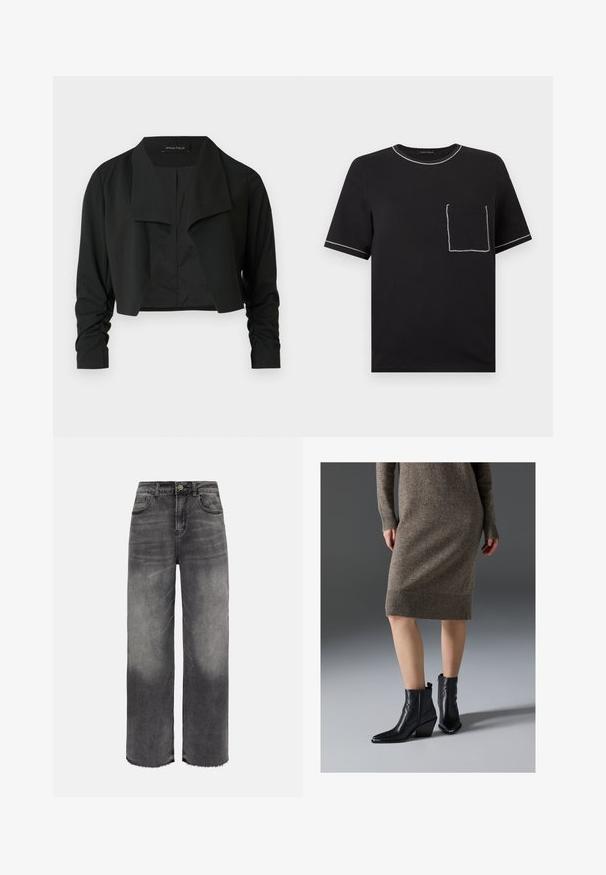 Sort cropped jakke med delt krave og rynkede lange ærmer. Fremstillet af et glat stof med et enkelt, rent design.; Sort T-shirt med korte ærmer og hvid kontrastsyning på kraven, ærmekanterne og en brystlomme på venstre side.; Sorte denimjeans med straight fit, høj talje, frontknapper og lynlås, lommer foran og bagpå samt rå kantdetaljer.; Sorte læder ankelstøvler med spidse tæer, en kraftig hæl og zigzag-stikningsdetaljer, parret med en ribbet, brun strik kjole.
