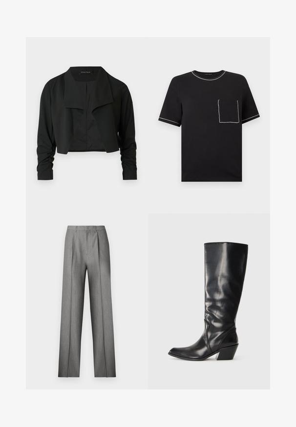 Zwarte cropvest met een gespleten kraag en gerimpelde lange mouwen. Gemaakt van een gladde stof, met een eenvoudig, strak ontwerp.; Zwart T-shirt met korte mouwen en witte contrasterende stiksels op de kraag, mouwranden en een voorzak aan de linkerkant van de borst.; Grijze op maat gemaakte broek met geplooide voorkant, rechte pijpen en een subtiele textuur. Heeft een tailleband met riemlussen en geen zichtbare zakken.; Zwarte leren hoge laars tot de knie met een spitse neus, hoekige hak en een soepele textuur. Heeft een subtiele gestikte accent langs de zijkant.